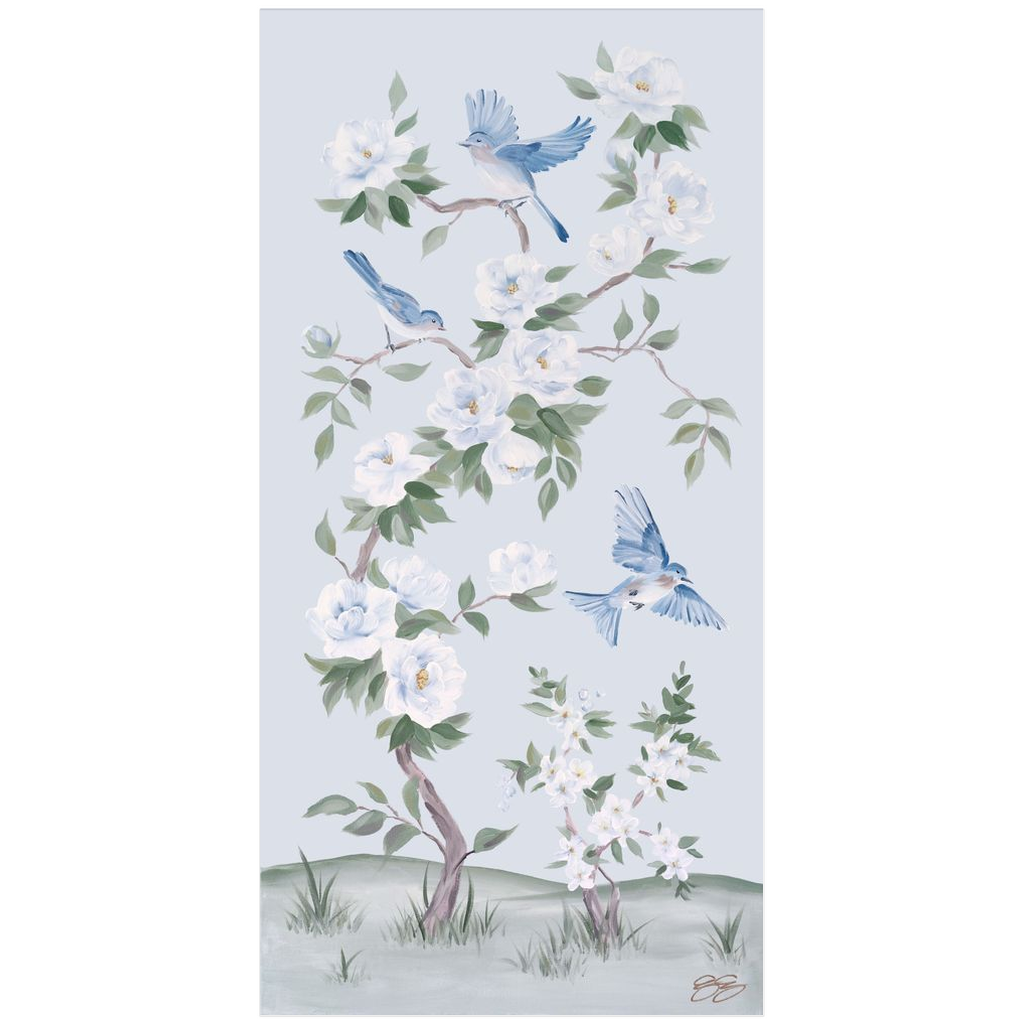 Bluebirds and Peonies – Light Blue Chinoiserie Fine Art Paper Print (Various Sizes)
