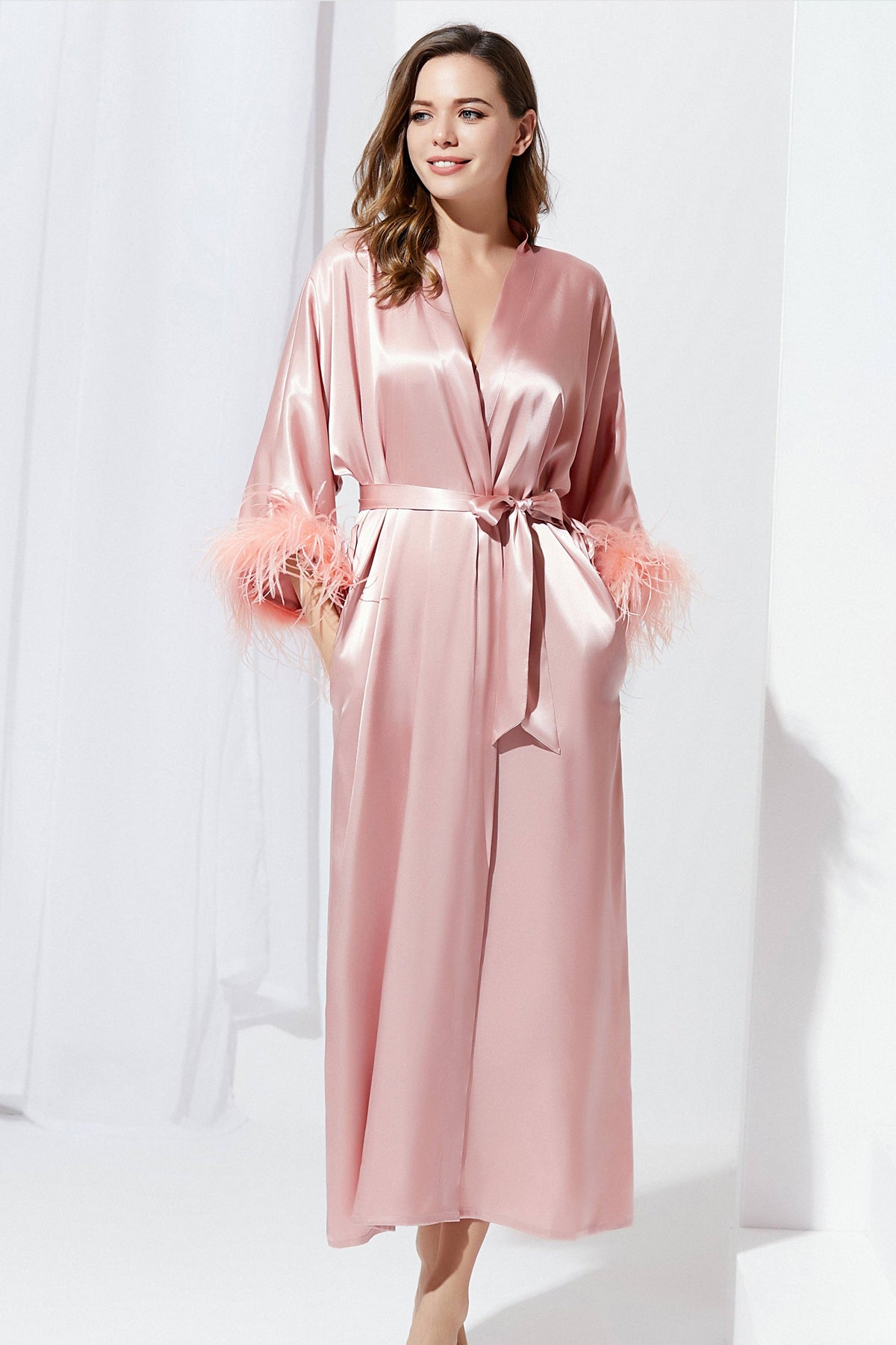 Silky Satin Kimono Robe with Ostrich Feather Trim
