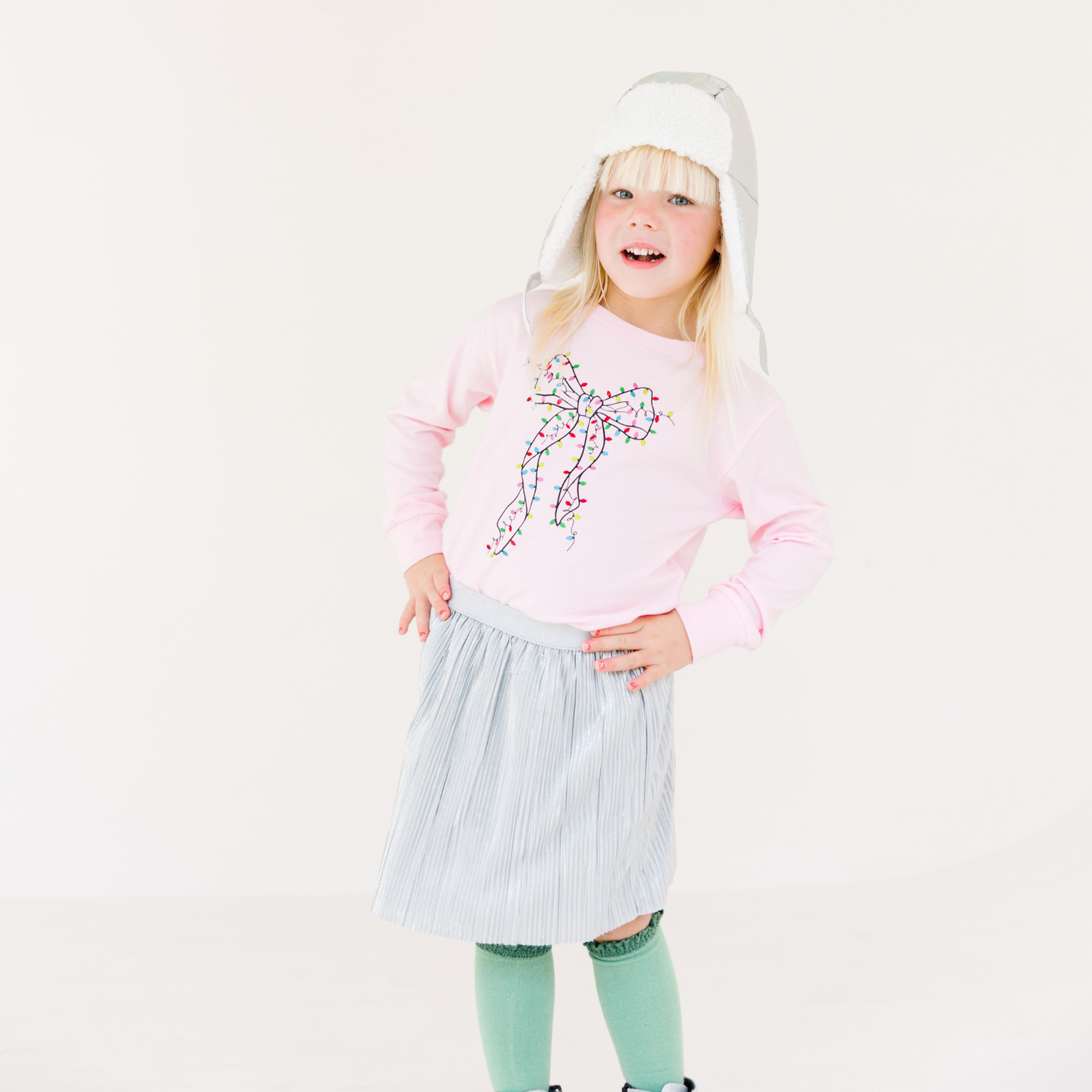 Girls Coquette Bow Christmas Lights Tee Sweatshirt (Various Colors/Short & Long Sleeve Options))