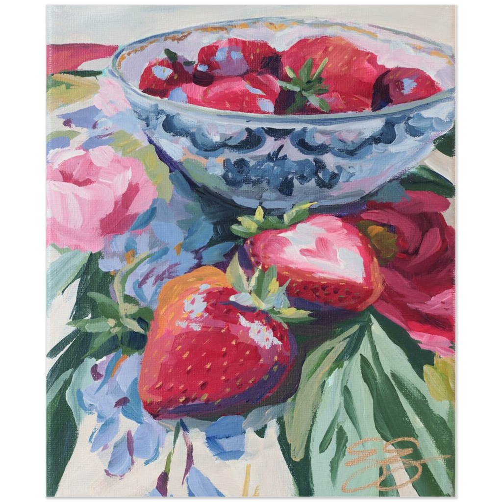 Strawberries on Floral Fabric – Fine Art Print on Paper (Various Sizes)