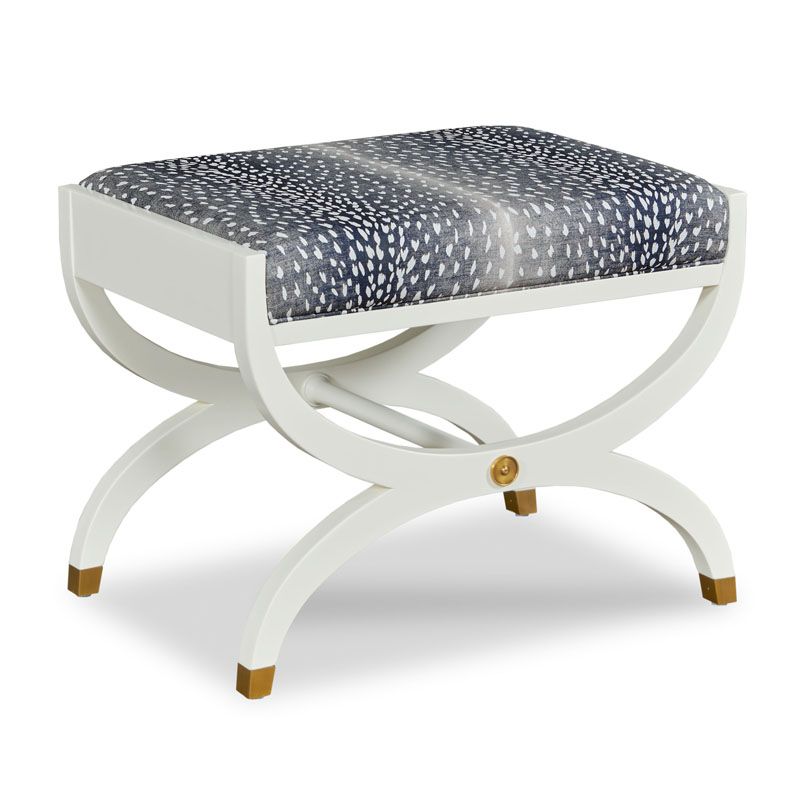 French Empire-Inspired Ottoman in White Finish with Blue & White Upholstered Seat