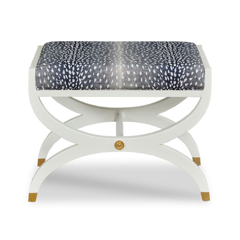 French Empire-Inspired Ottoman in White Finish with Blue & White Upholstered Seat