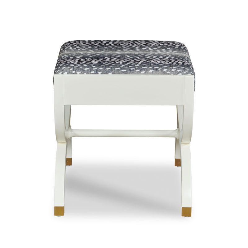 French Empire-Inspired Ottoman in White Finish with Blue & White Upholstered Seat