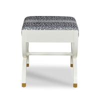 French Empire-Inspired Ottoman in White Finish with Blue & White Upholstered Seat