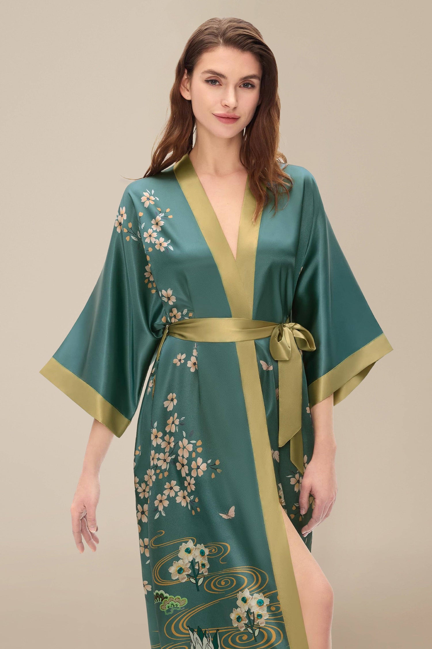 Teal Satin Kimono with Golden Botanical Embroidery