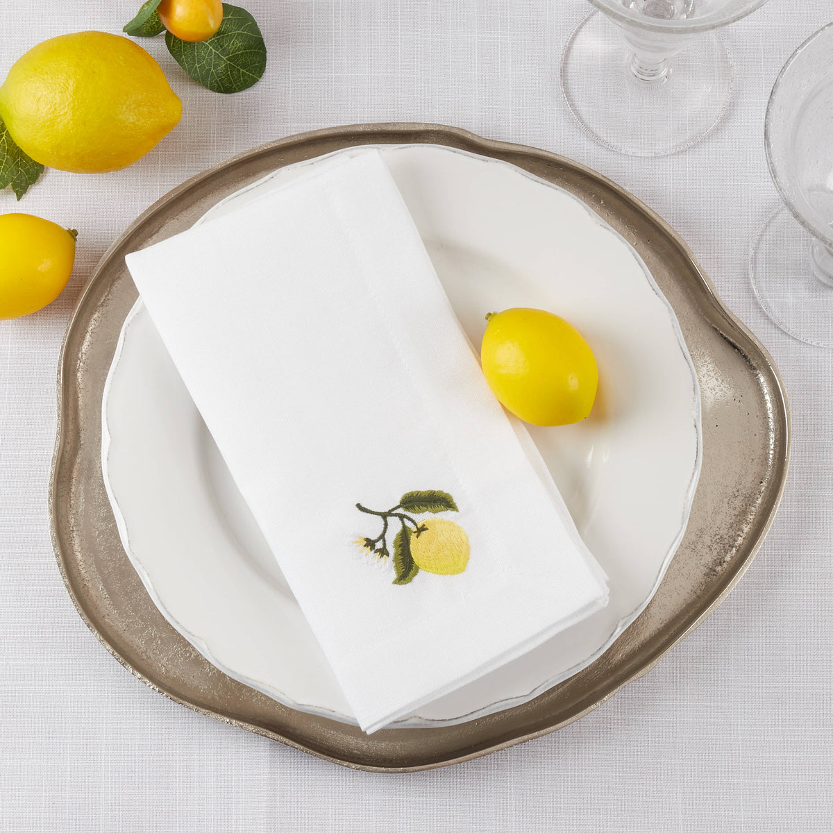 Embroidered Lemon Table Napkin – White (20") - Set of 2