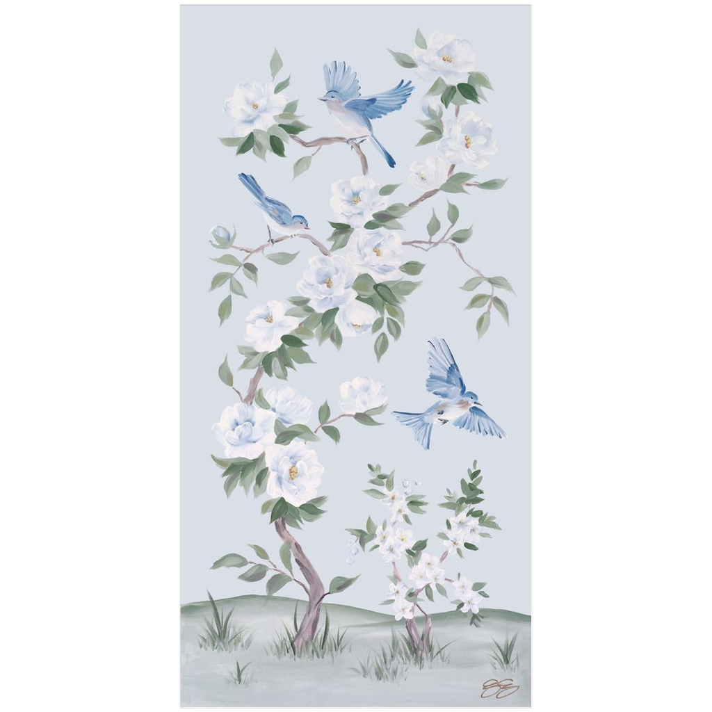 Bluebirds and Peonies – Light Blue Chinoiserie Fine Art Paper Print (Various Sizes)