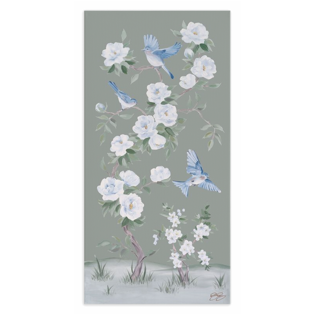 Bluebirds and Peonies – Green Chinoiserie Canvas Wrap (Various Sizes)