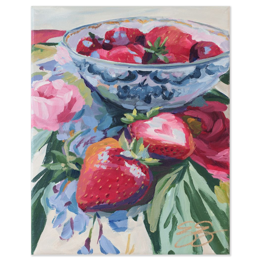 Strawberries on Floral Fabric – Fine Art Print on Paper (Various Sizes)