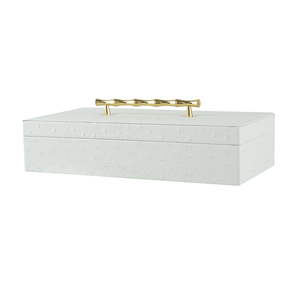 White Faux Leather Lidded Box with Gold Handle