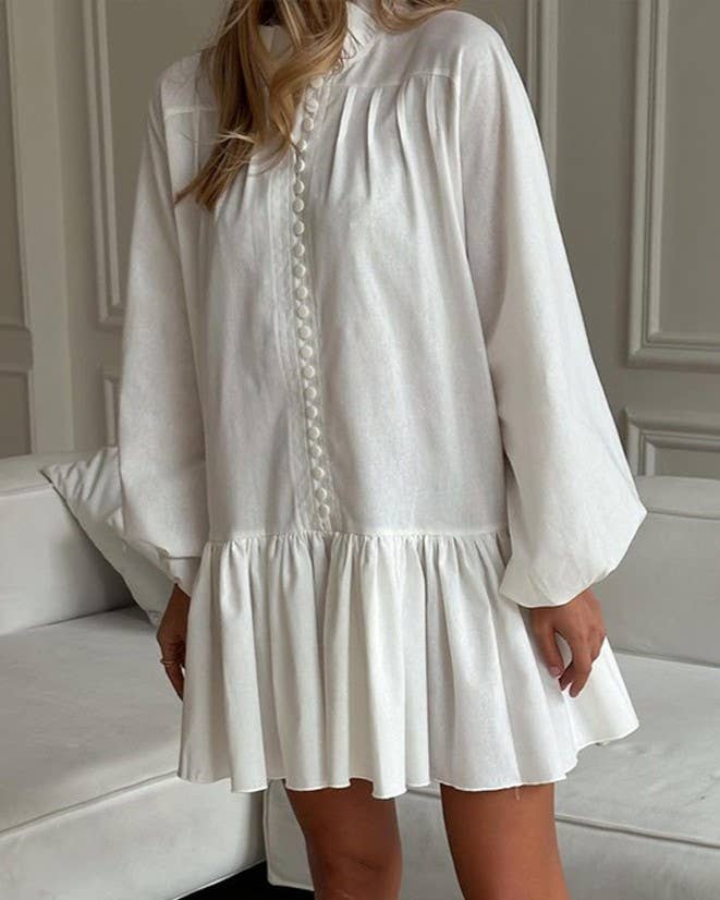 Blue & White Floral Ink Print Puff Sleeve Dress