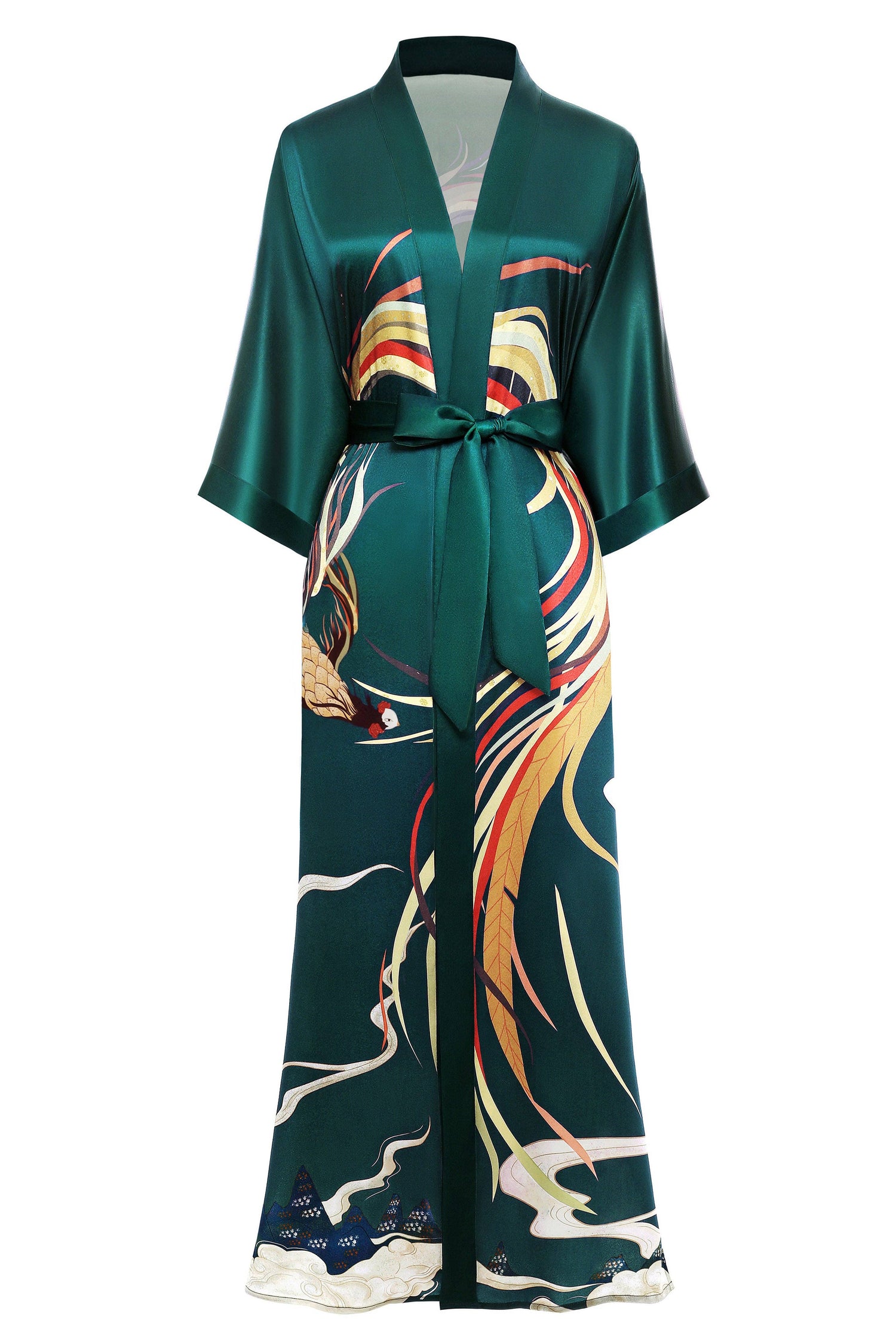 Silk-Touch Satin Kimono Robe – Phoenix Print