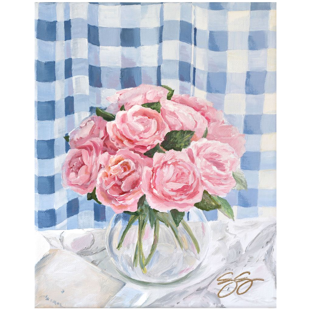 Tea Roses and Gingham – Fine Art Floral Canvas Print (Various Sizes)