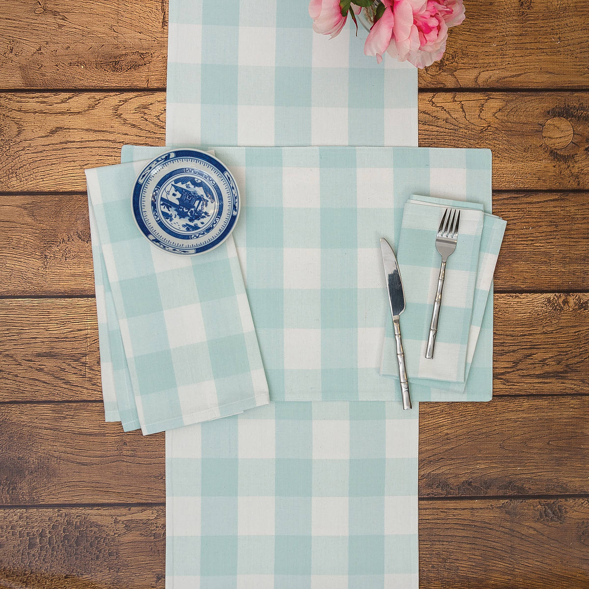 Teal and White Double-Sided Cotton Gingham Placemats Set of 6
