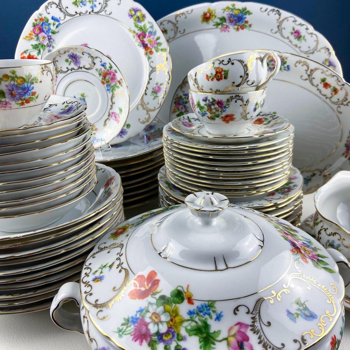 Antique Victoria Czechoslovakia Dish Set – 56 Piece Floral Collection