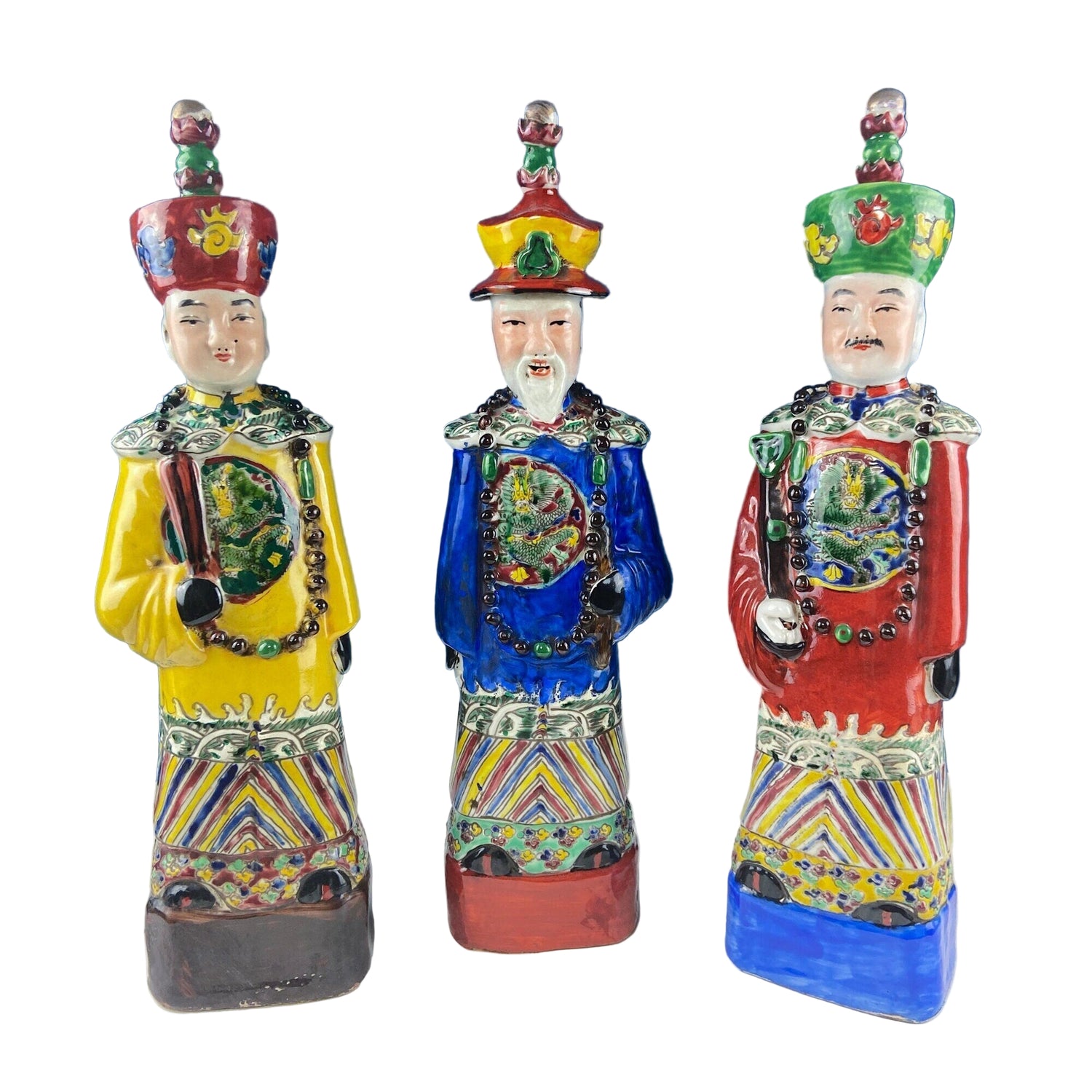 Set of 3 Ceramic Asian Figurines – Royal Advisors or Immortals in Traditional Attire
