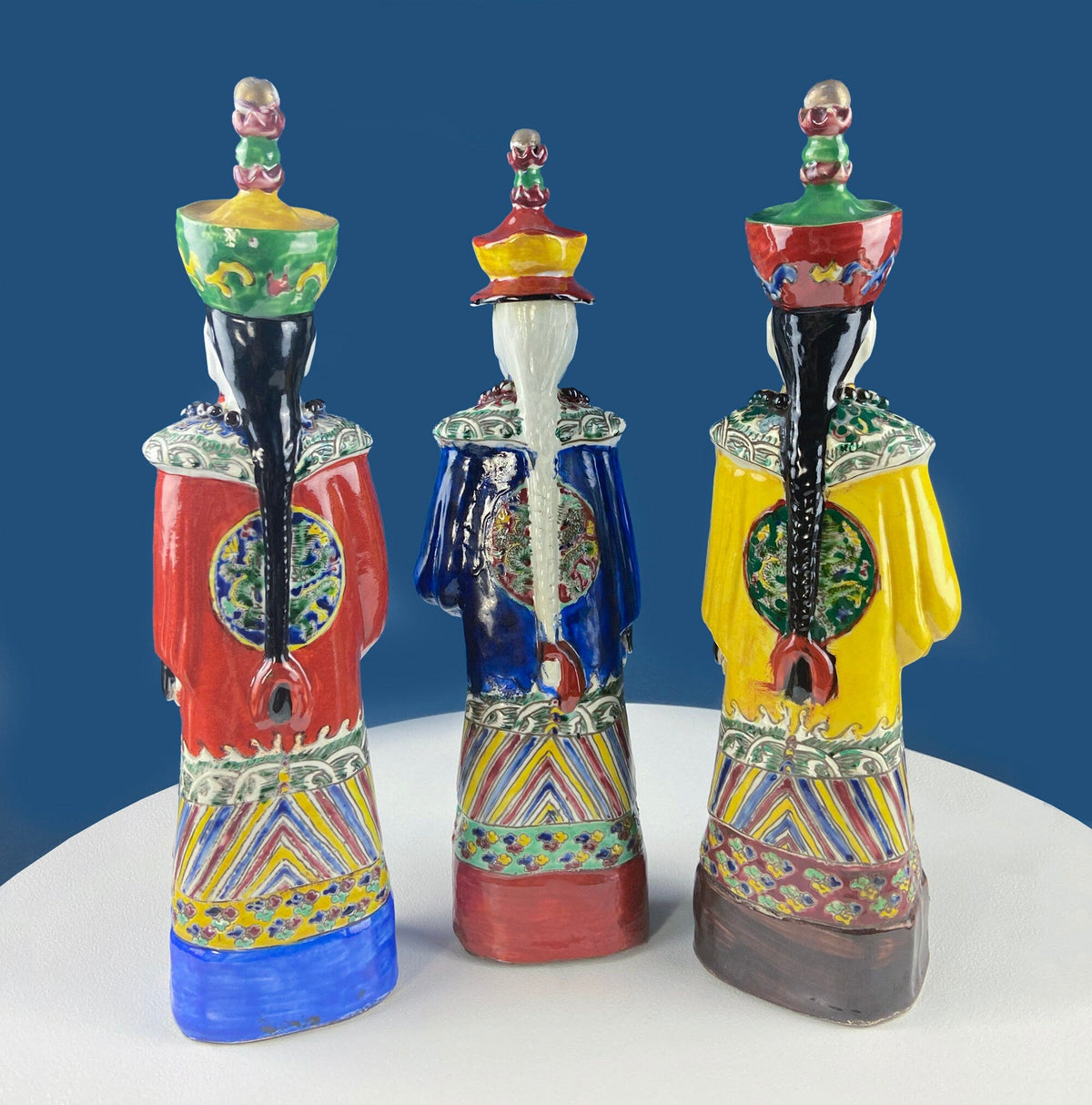 Set of 3 Ceramic Asian Figurines – Royal Advisors or Immortals in Traditional Attire