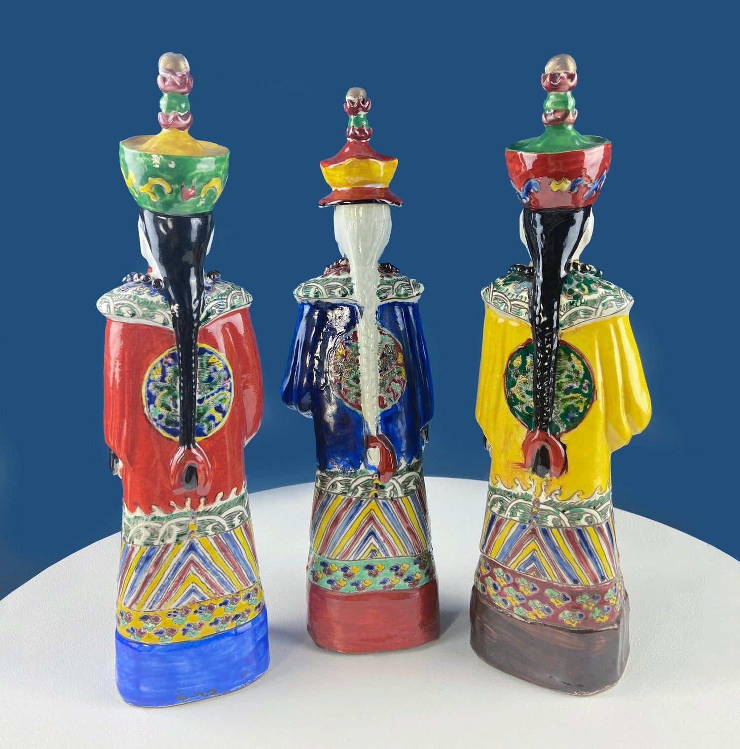 Set of 3 Ceramic Asian Figurines – Royal Advisors or Immortals in Traditional Attire