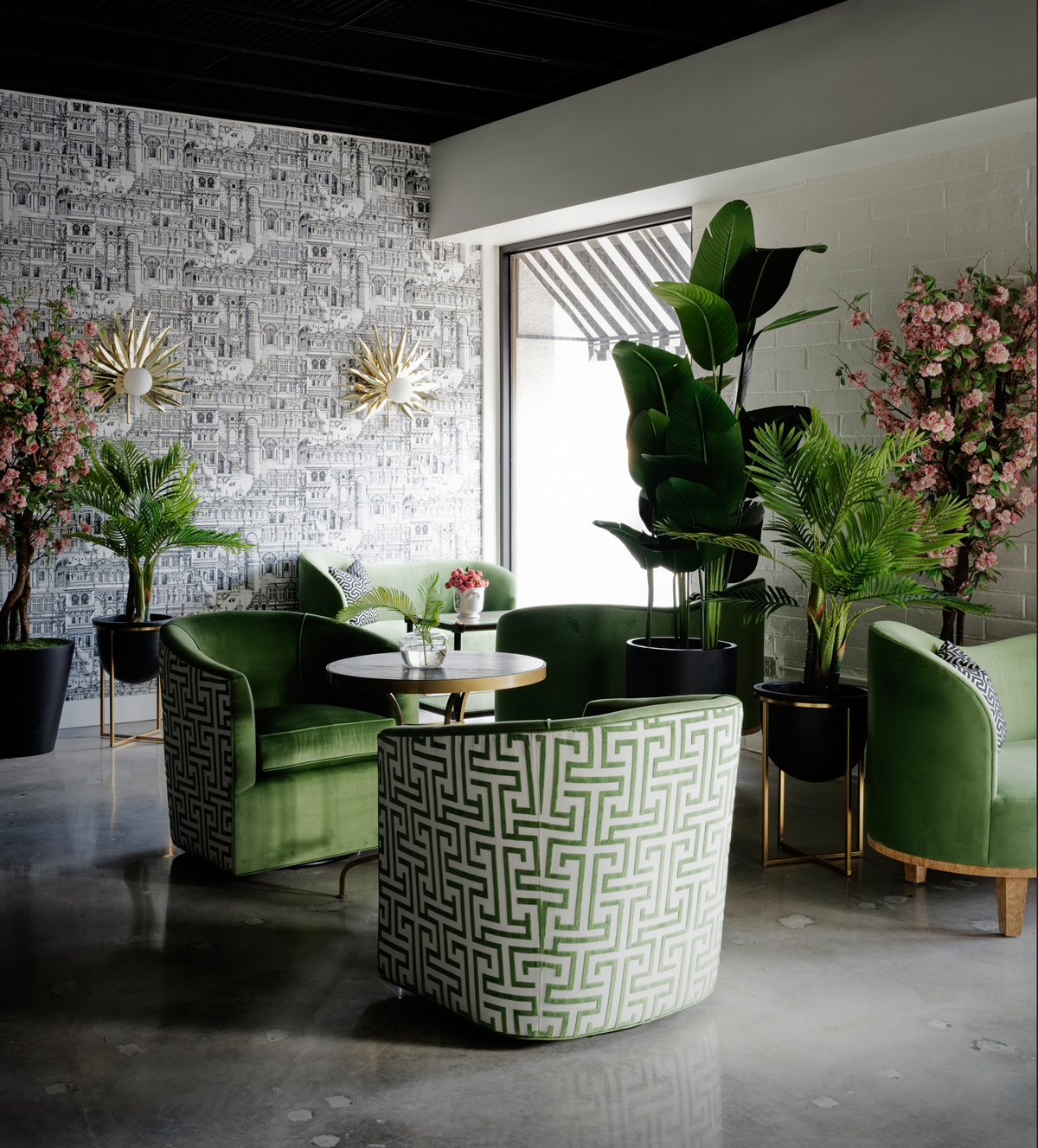 Custom Swivel Chair with Green Performance Fabric & Thibaut “Green Ming” Back