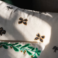 Embroidered Bow Pillow – Cream Cotton Velvet