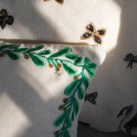 Embroidered Border Mistletoe Pillow – Cream Cotton Velvet