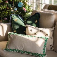 Embroidered Border Mistletoe Pillow – Cream Cotton Velvet