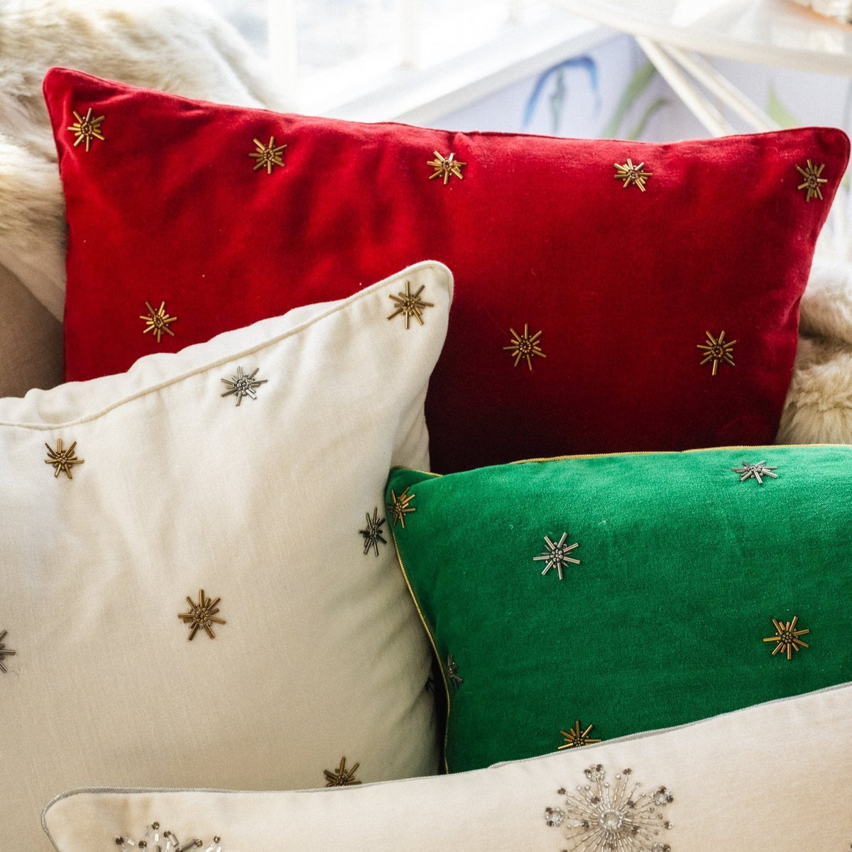 Embroidered Star Pillow – Red Cotton Velvet
