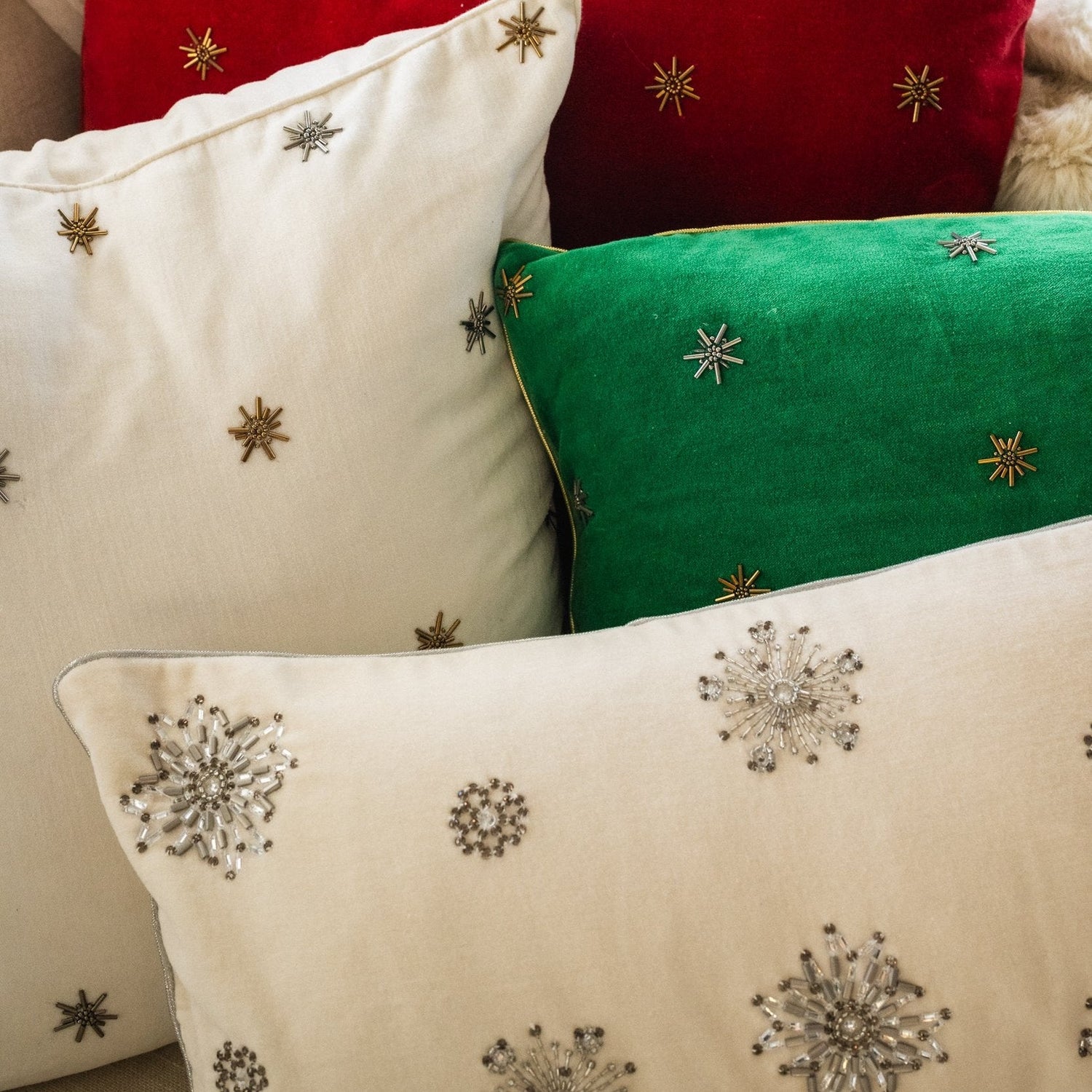 Embroidered Star Pillow – Cream Cotton Velvet