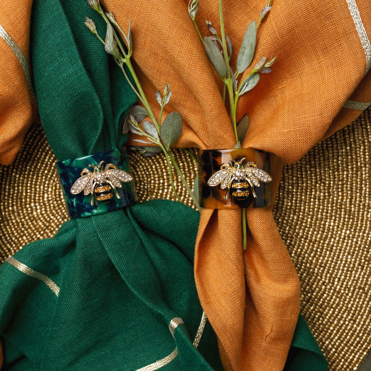 Stripey Bee Resin Napkin Rings – Green Tortoiseshell (Set of 4)