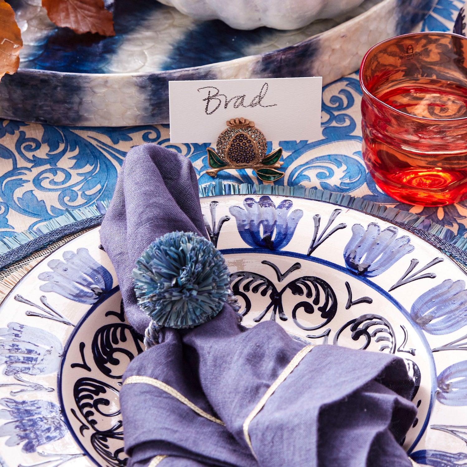Straw Pompom Napkin Rings – Indigo (Set of 4)