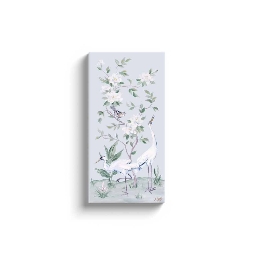 Cranes and Gardenias – Light Blue Chinoiserie Canvas Wrap (Various Sizes)