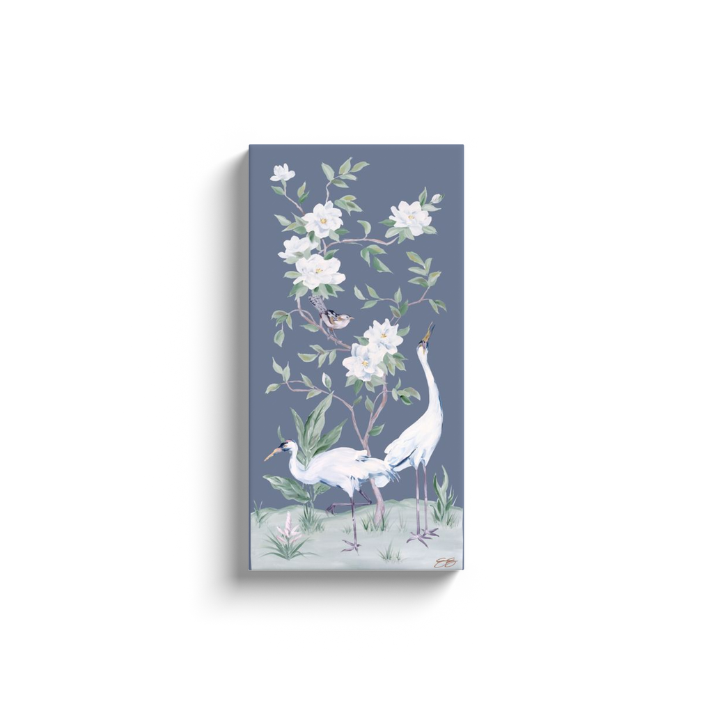 Cranes and Gardenias – Dark Blue Chinoiserie Canvas Wrap (Various Sizes)