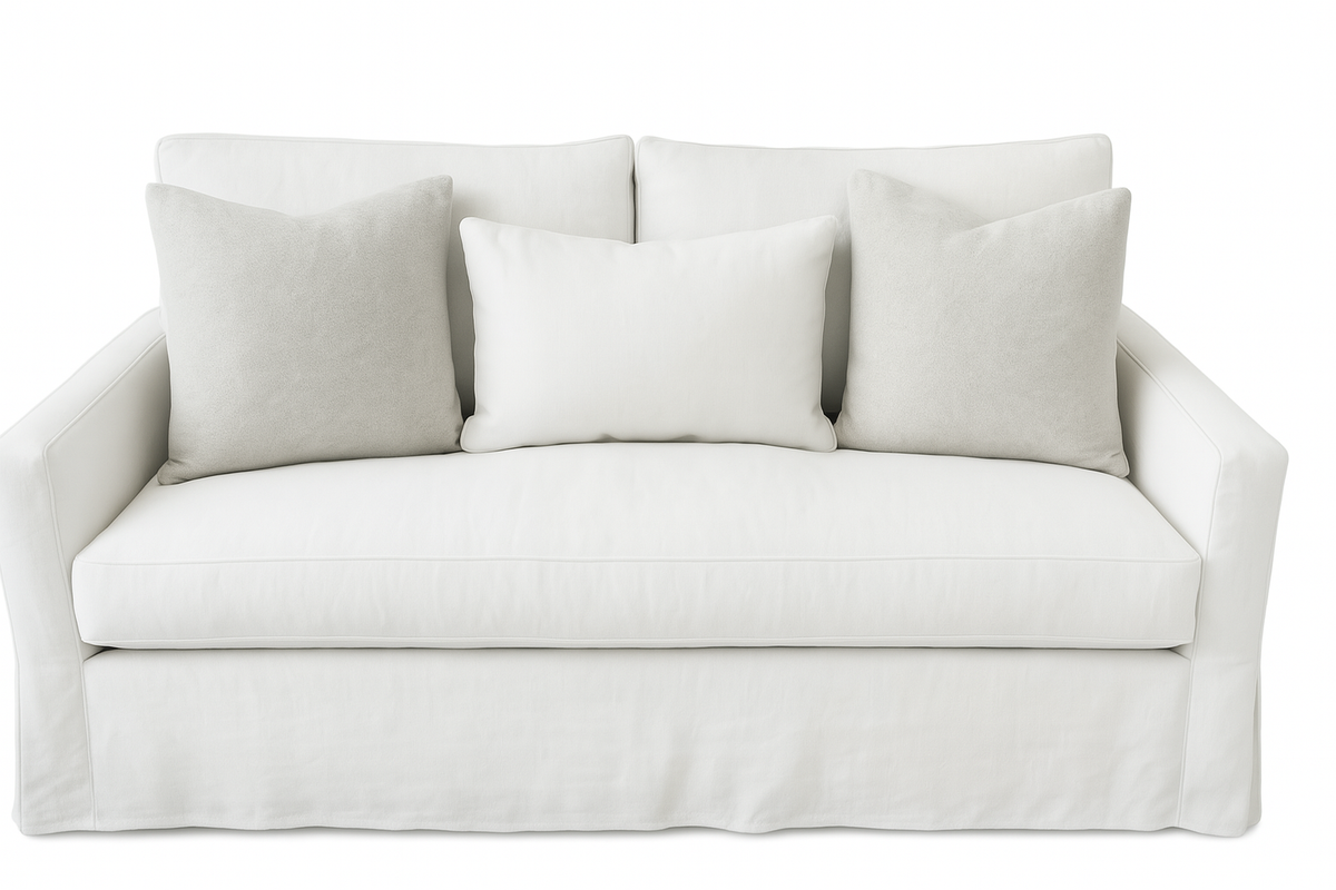 Small-Scale Slipcovered Sofa with White Performance Fabric & Sloped Arms
