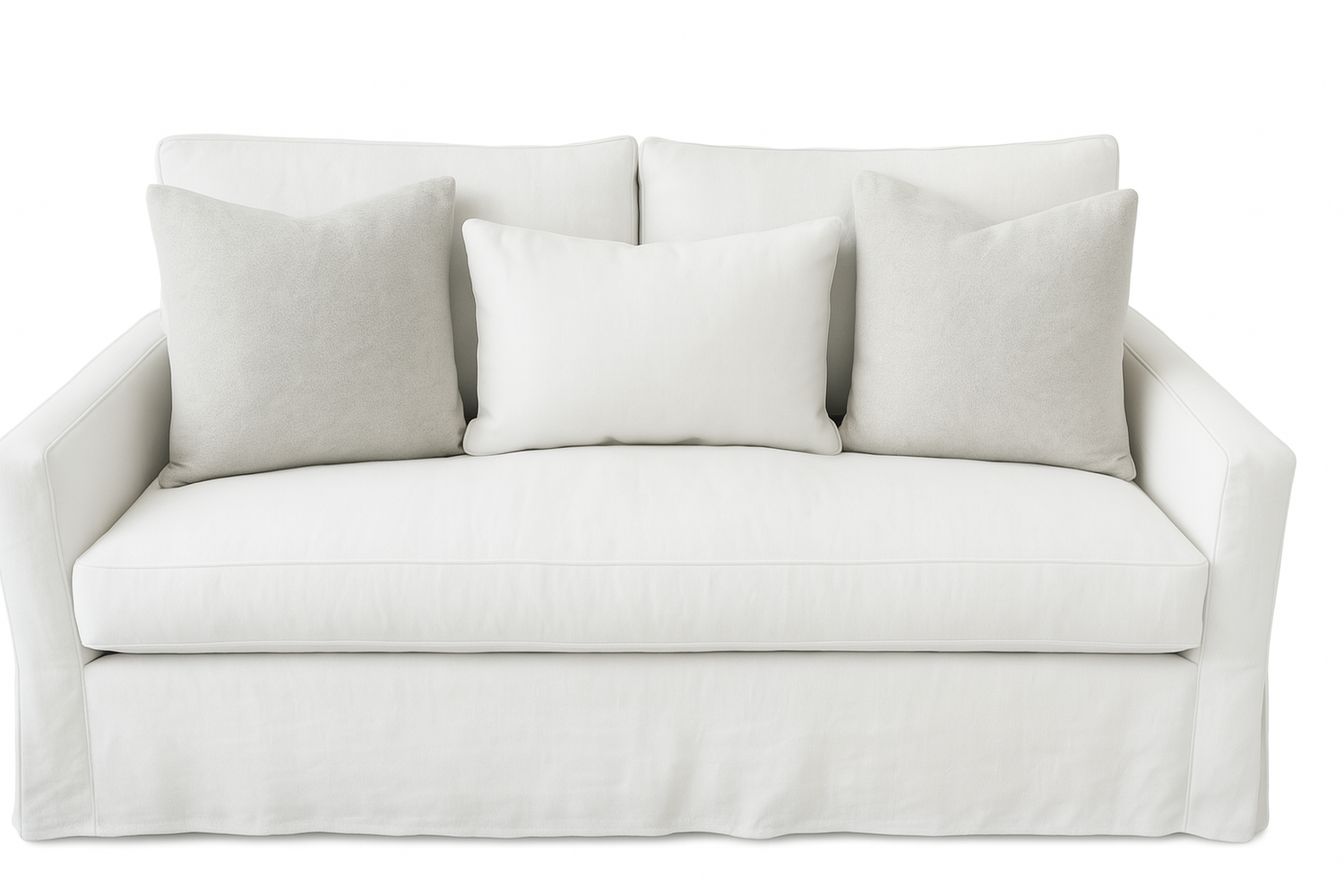 Small-Scale Slipcovered Sofa with White Performance Fabric & Sloped Arms