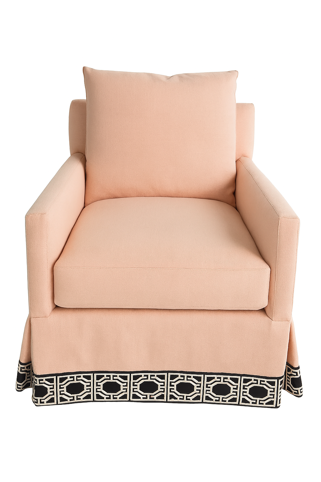 Custom Blush Swivel Chair with Thibaut Black & White Skirt Trim