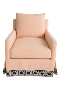 Custom Blush Swivel Chair with Thibaut Black & White Skirt Trim