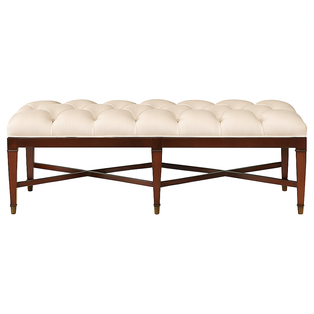 Hand-Tufted Bench in White Linen Performance Fabric with Maple Finish