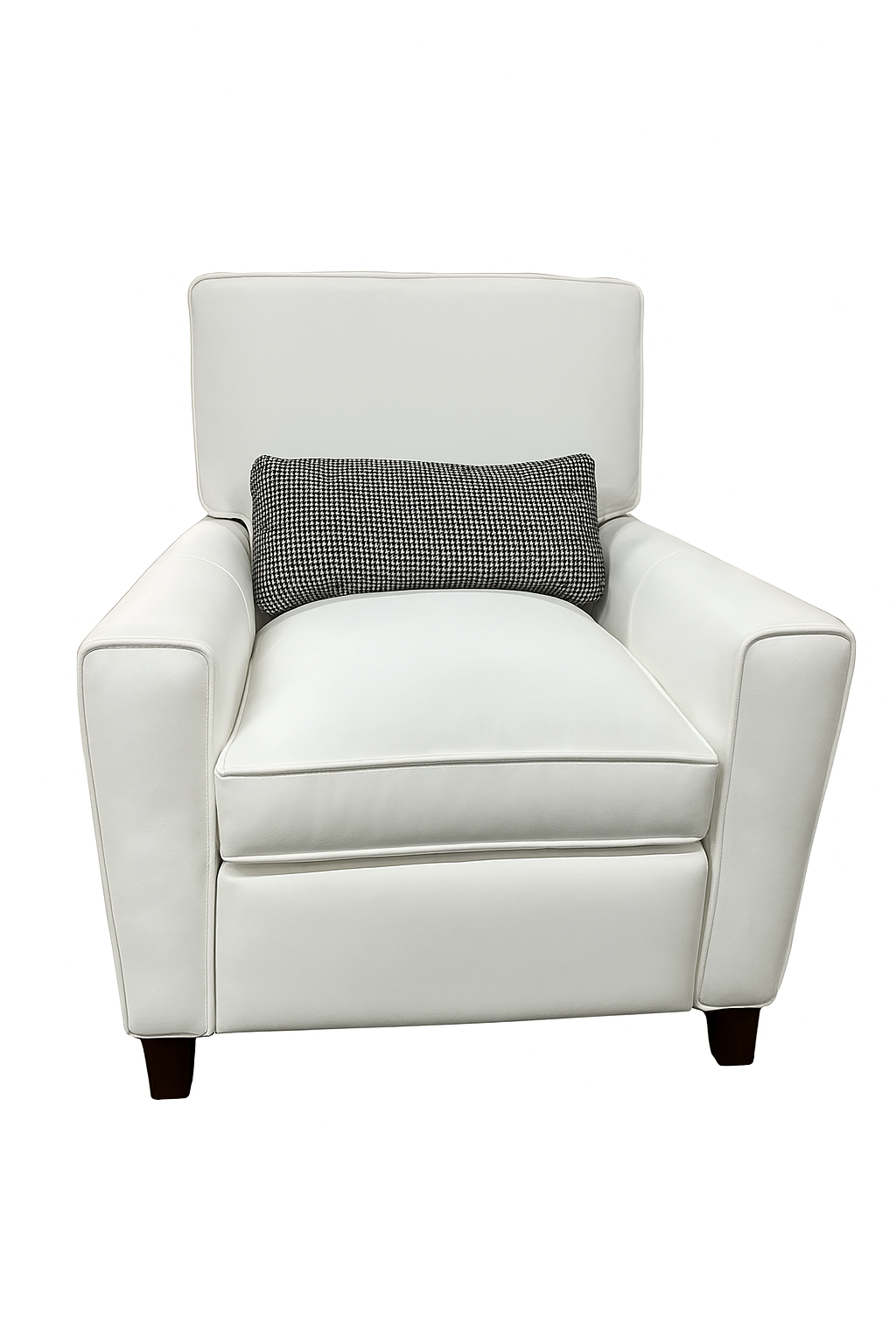 Modern Power Recliner in White Leather with Houndstooth Lumbar Pillow