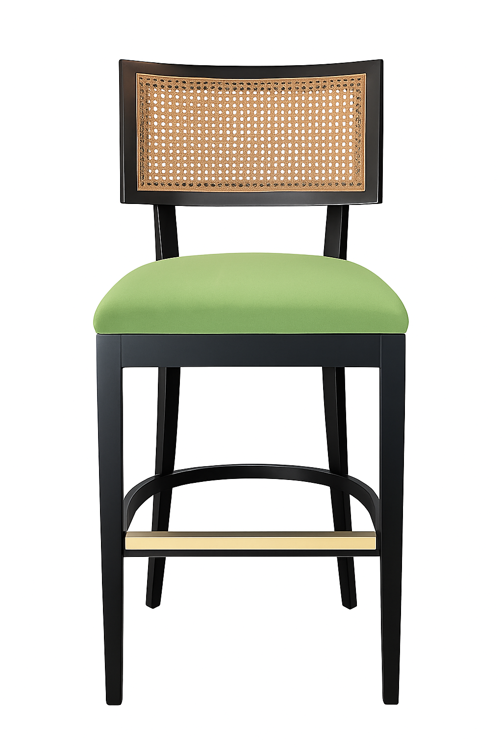 NH Palm Collection Black Green Performance Fabric Bar Stool with Cane Back w/ Brass Kickplate