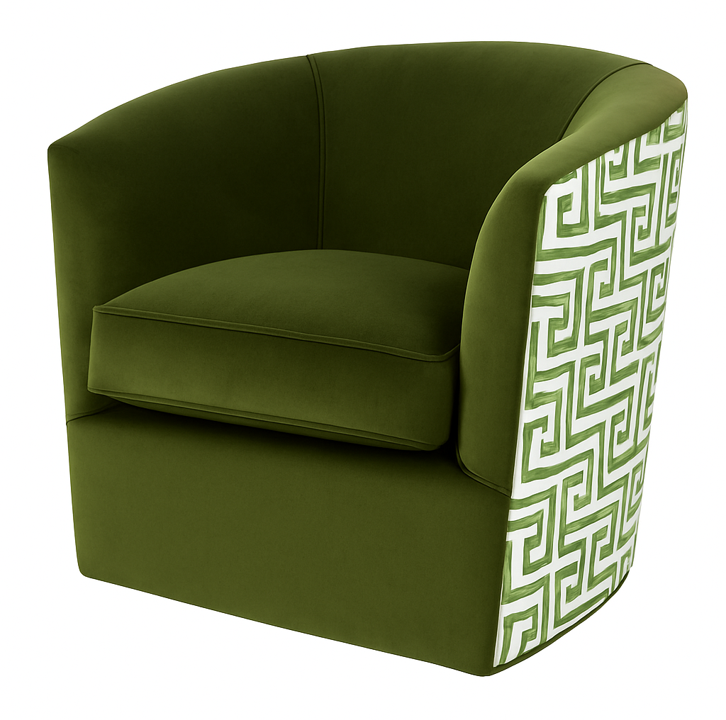 Custom Swivel Chair with Green Performance Fabric & Thibaut “Green Ming” Back