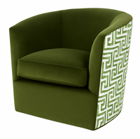 Custom Swivel Chair with Green Performance Fabric & Thibaut “Green Ming” Back