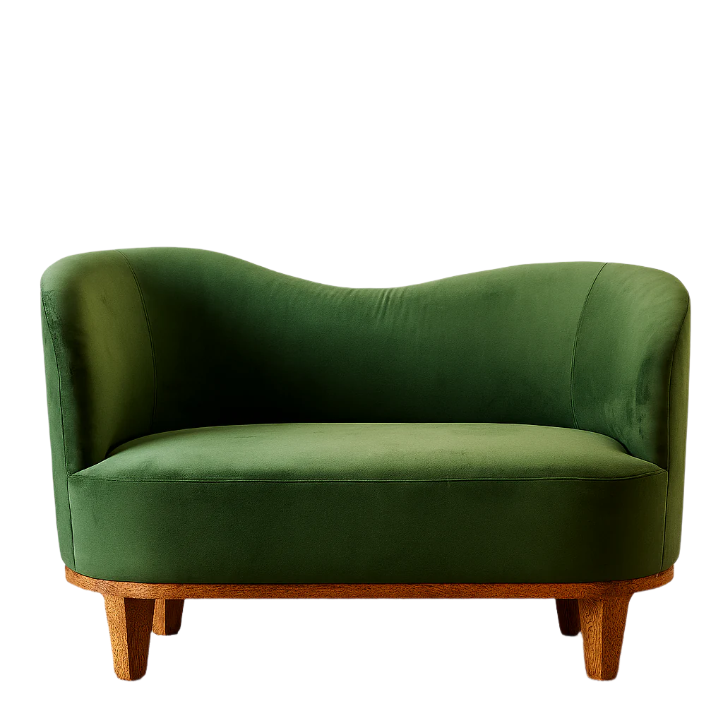 NH Palm Collection Asymmetrical Settee in Green Velvet & Burl Veneer