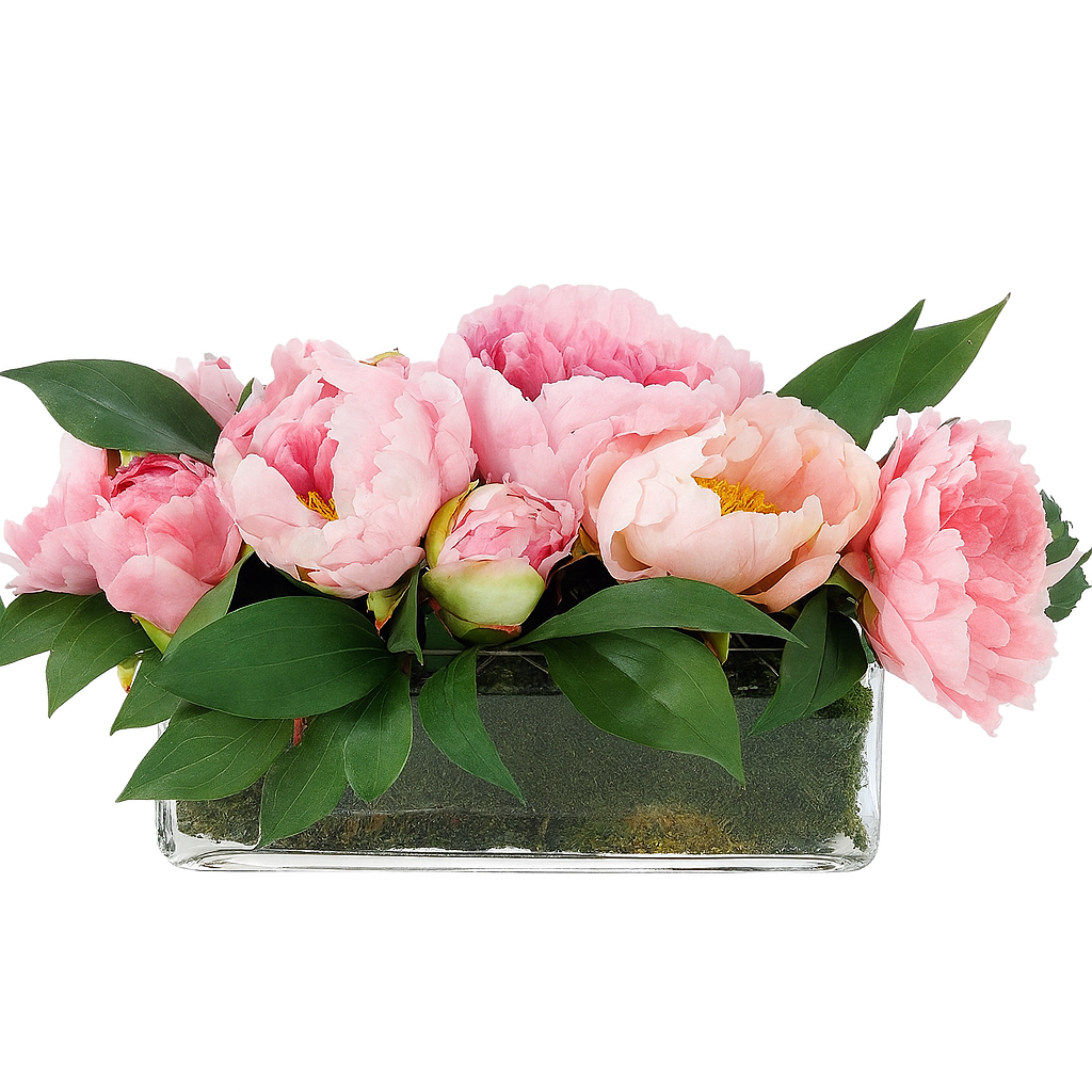 Glass Rectangular Bowl with Faux Pink Peony Arrangement and Moss