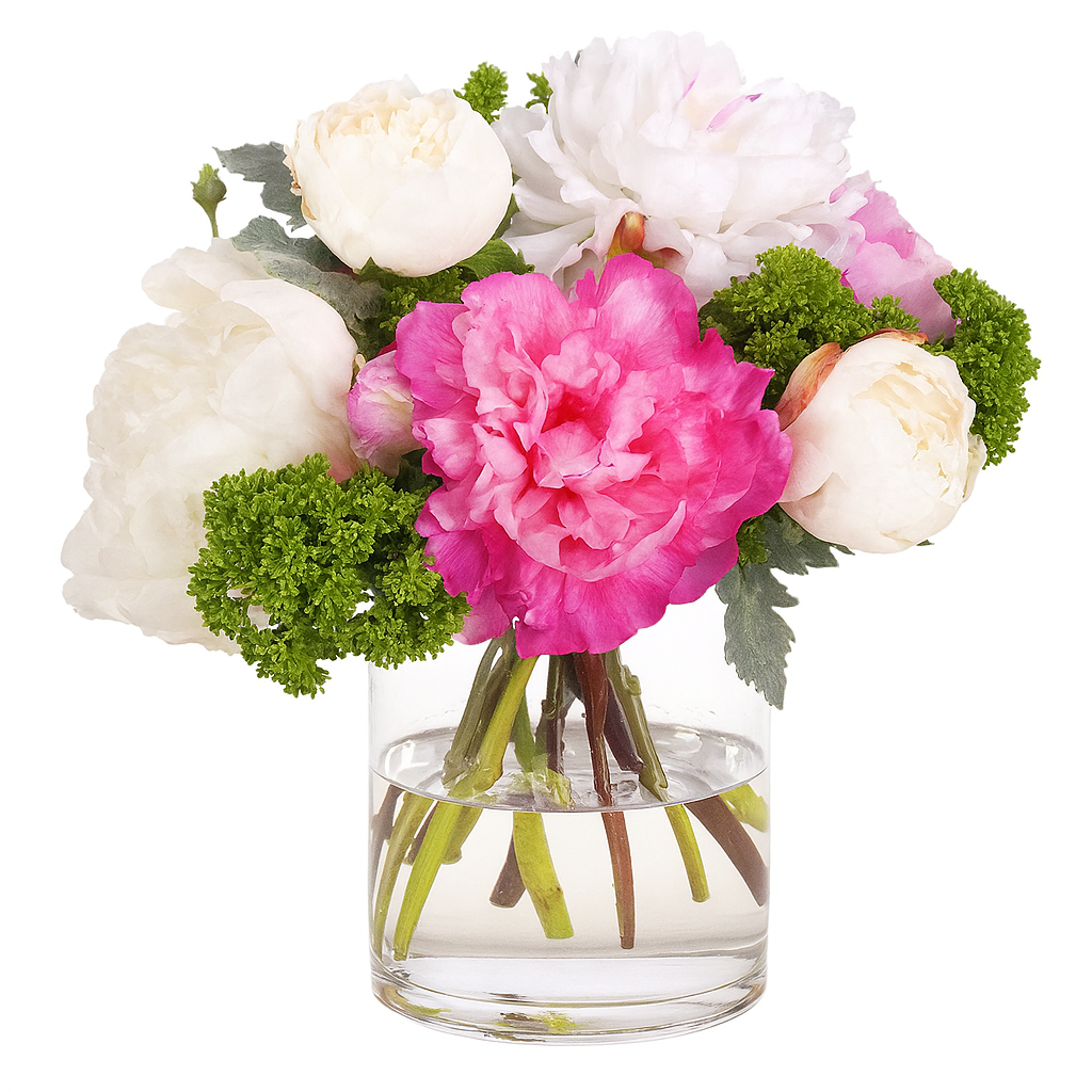 Pink and Cream Peonies in Clear Glass Vase