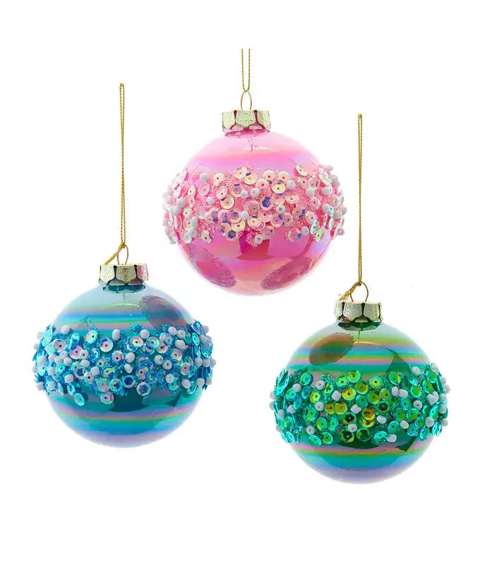 Christmas Ornament – Coastal Glass Glitter Ball in Pink, Blue, or Green 80MM