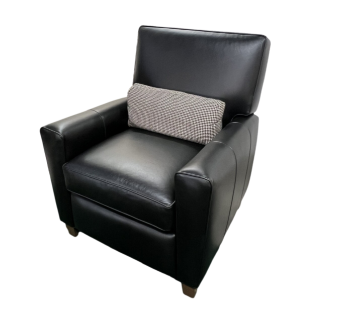 Modern Power Recliner in Black Leather with Houndstooth Lumbar Pillow