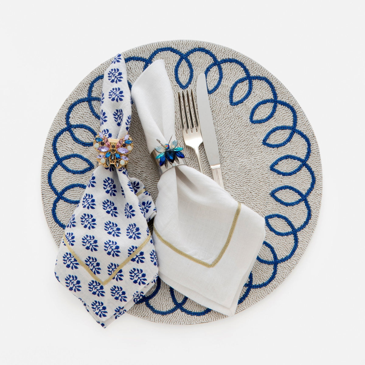 Gold Trim Linen Dinner Napkins – White (Set of 2)