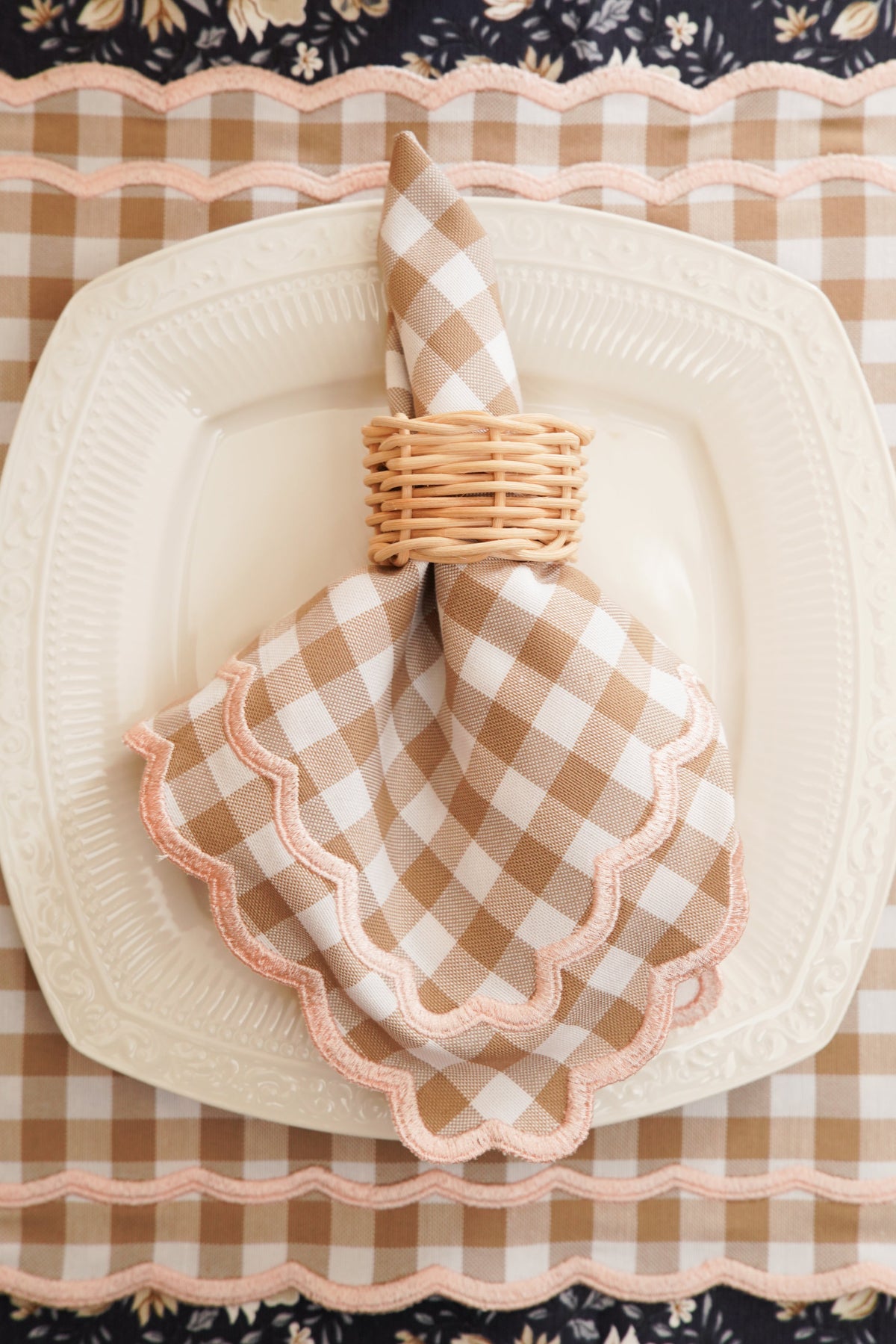 Sage Gingham Beige Fabric Placemat & Napkin Set