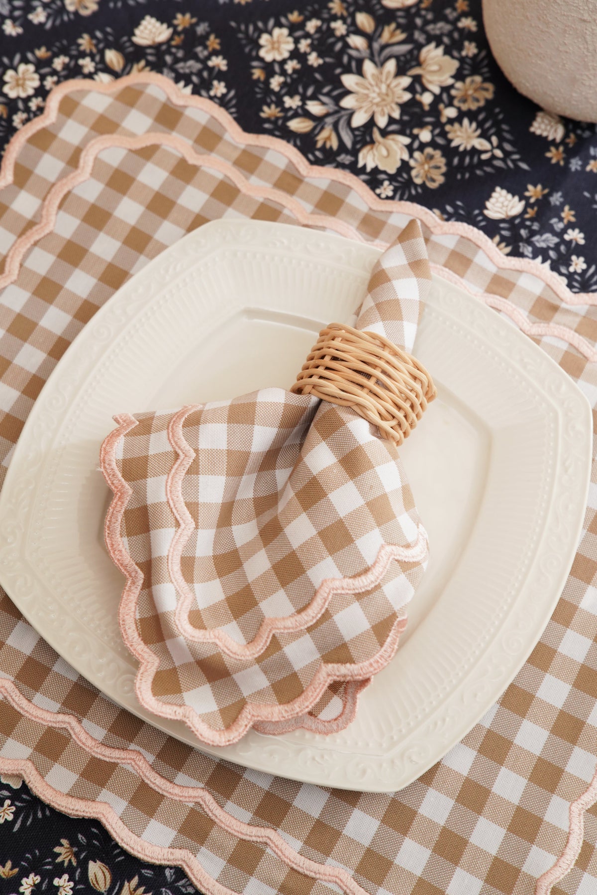 Sage Gingham Beige Fabric Placemat & Napkin Set