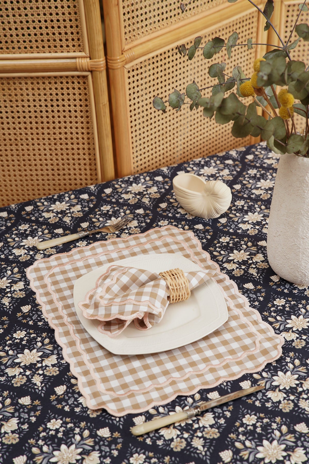 Sage Gingham Beige Fabric Placemat & Napkin Set